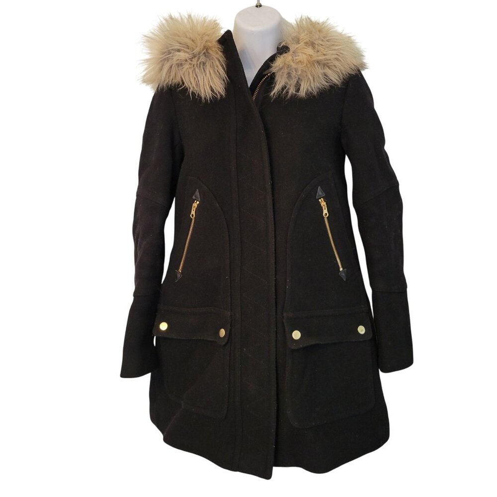 J Crew 00 Hooded Black Wool Trench Coat Stadium Cloth‎ Nello Gori Faux Fur